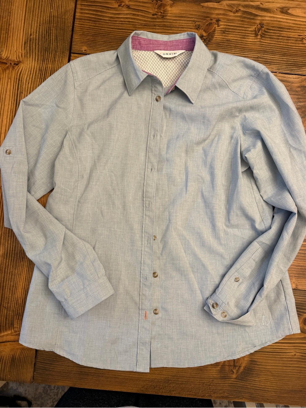 Orvis Light Blue Button-Down Women’s Shirt with Pink Trim